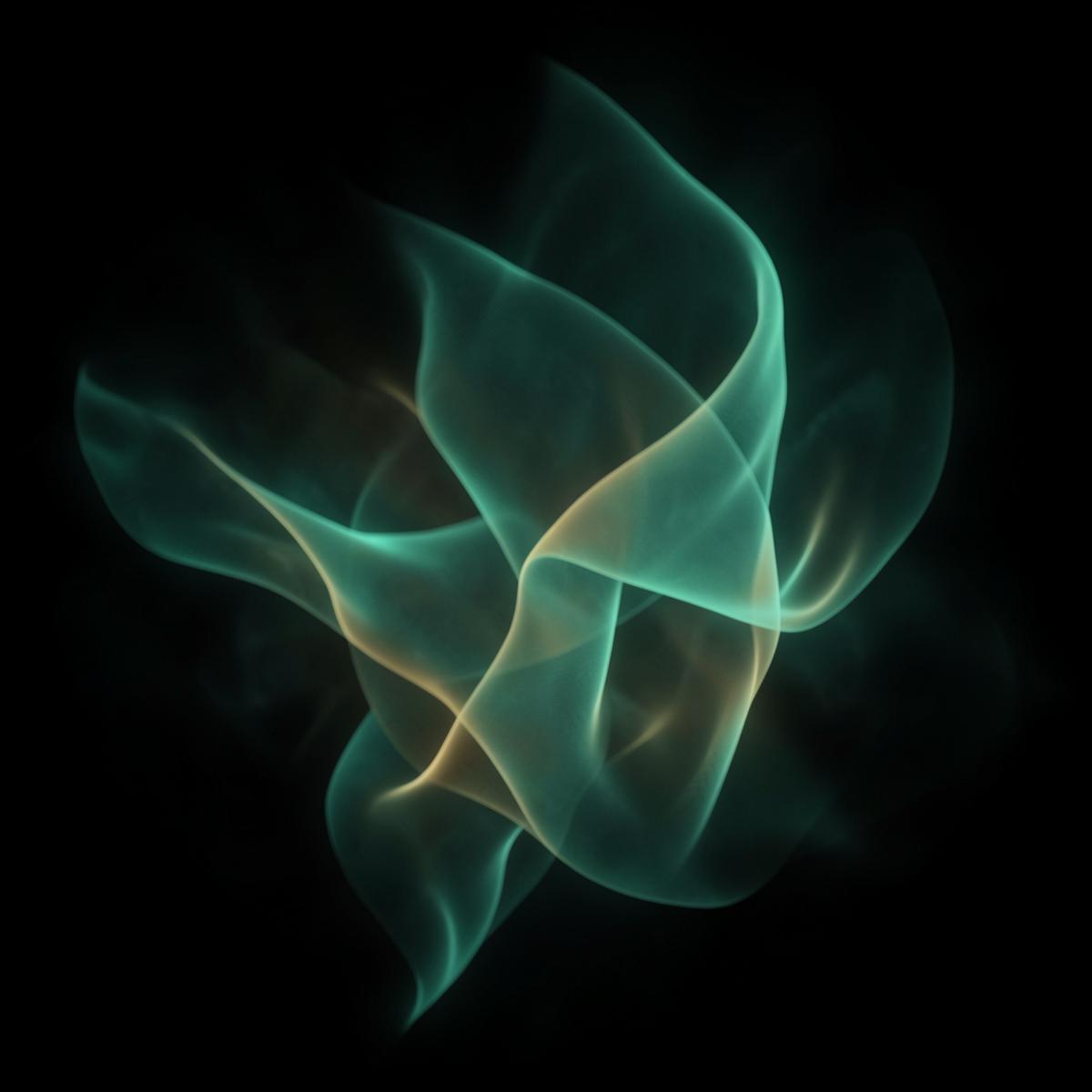 Abstract translucent ribbon of light in motion, glowing jade and teal with a warm amber core on a dark background